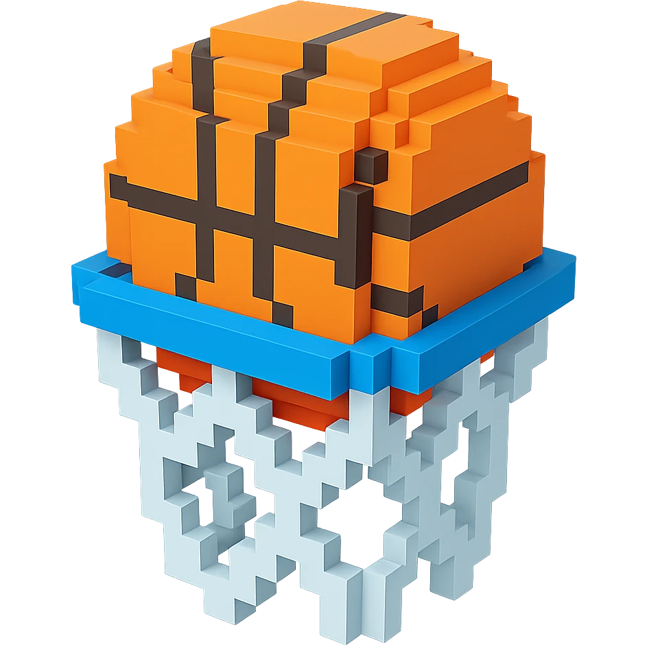 Voxel-style basketball in a net, no background, variation 1. emoji