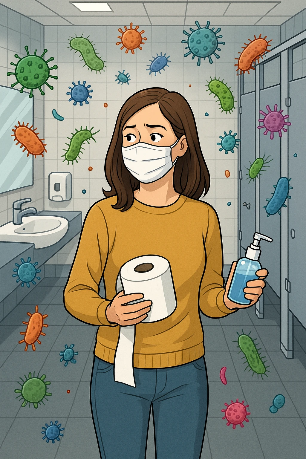 Donna che usa bagni pubblici ma in aria è pieno di virus e batteri emoji