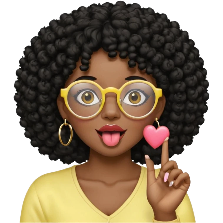 chica con piel morena oscura, cabello rizado afro negro, vestida de amarillo pastel, con candongas y  que use lentes, saque la lengua, y mientras hace un corazón coreano con la mano emoji