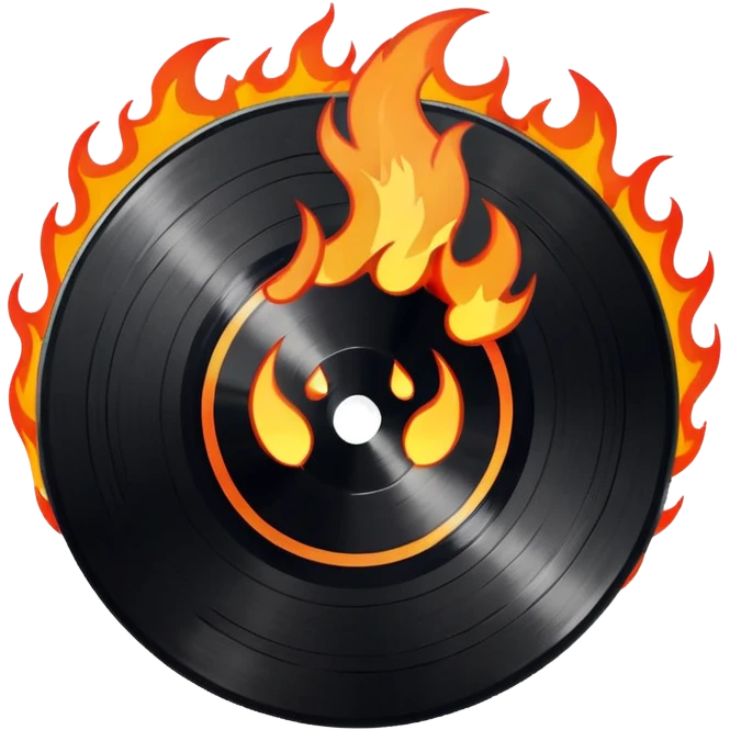 a black vinyl record white sticker and flames  emoji