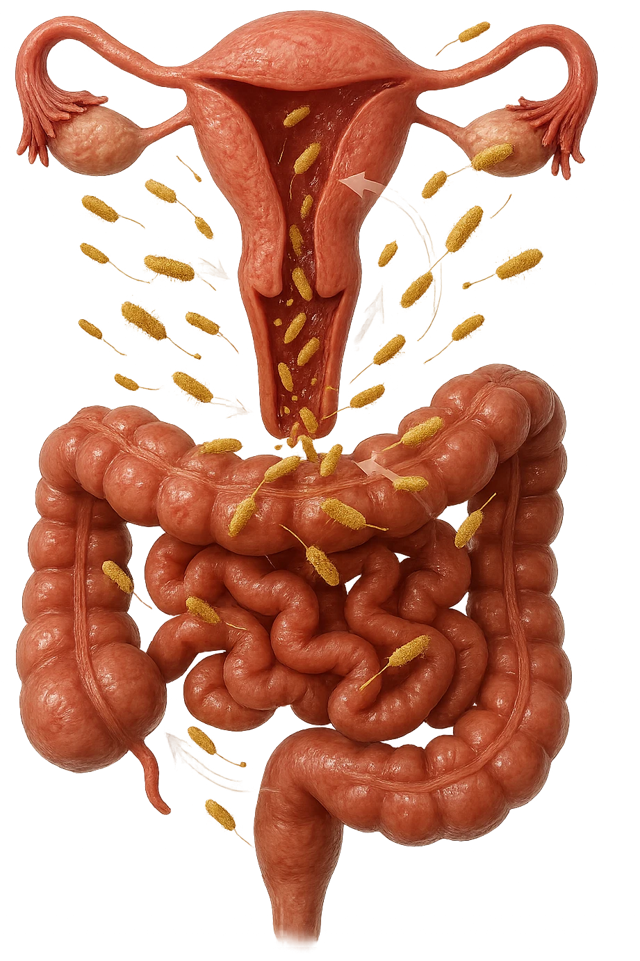 UTERO UMANO E INTESTINO ANATOMICI REALISTICI SONO UNO SOPRA ALL'ALTRO E SI PASSANO I BATTERI A VICENDA, CON BATTERI CHE ESCONO DALL'INTERNO, IPERREALISTICO 4K, NON DISEGNATO emoji
