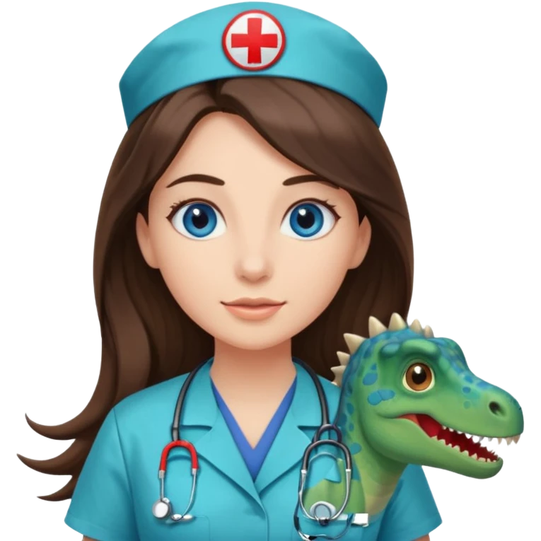 pretty brunette nurse with long hair and blue eyes in dinosaur scrubs emoji