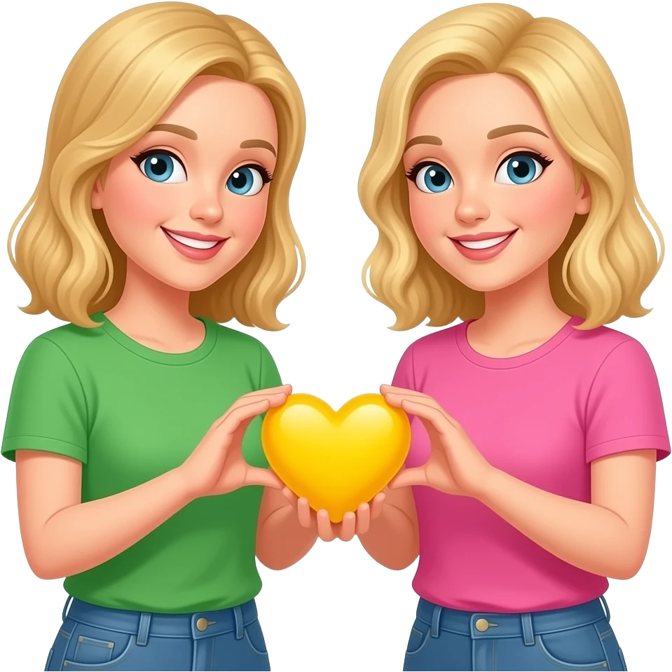 Foto de 2  rubias cogiendo un corazon amarillo con las manos una con una camiseta verde y la otra con una camiseta rosa emoji