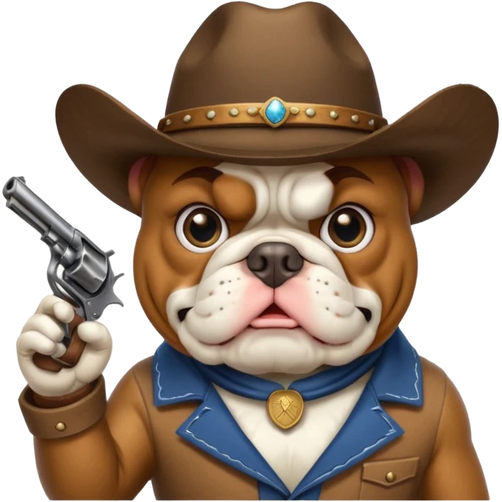 A bulldog wearing a cowboy hat pointing a revolver at you and telling you to hand over your money. emoji
