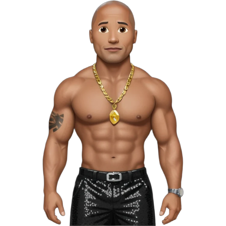 Dwayne Johnson with black sequin baggy pants, shirtless with necklace, dark brown hair emoji