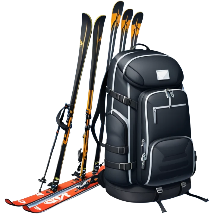 An icon showing a close-up of a biathlon backpack, a pair of skis, and a biathlon rifle resting against snow. In the background, a beautiful winter landscape with snowy trees and mountains under a clear sky. Transparent background reflects the sport’s precision and rugged endurance. emoji