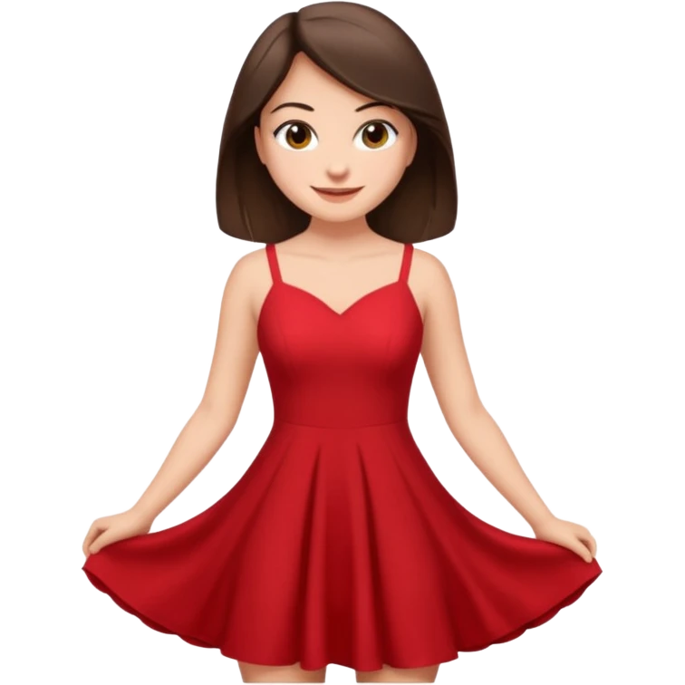 Cartoon emoji of a young brunette woman with fair-medium skin, brown eyes, wearing a red outfit. Full-height, standing confidently in a red dress  posing sexy with a smile and relaxed posture. Smooth, friendly, stylized, make up on, flirty eyes and smile in a sexy position  emoji