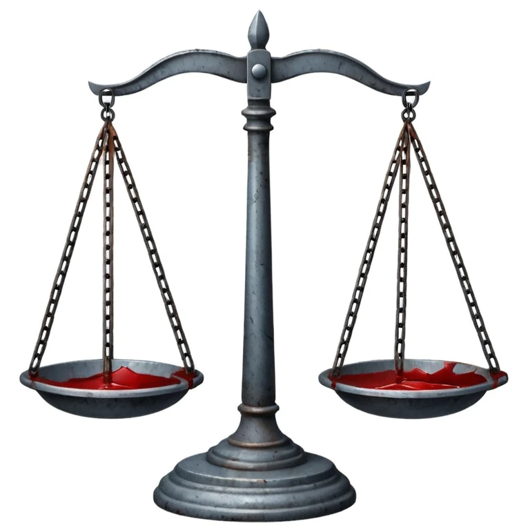 unsettling emoji of broken justice scale: one side droops, base cracked, blood stains on old, scratched, rusty metal, side-lit with cold white light, dark smoky background symbolizing corruption and injustice emoji