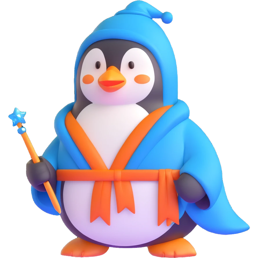 penguin wizard with a blue robe and sparkly wand emoji