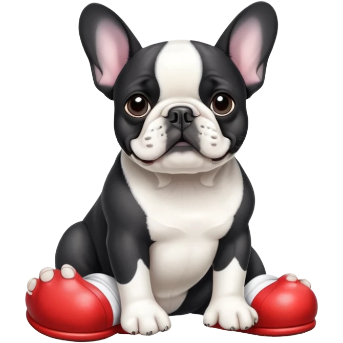 Black and white French bulldog wearing crocs shoes on his paws emoji