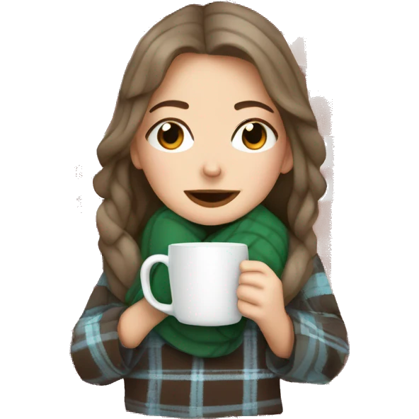 white girl wrapped in plaid blanket drinking hot chocolate out of a mug emoji