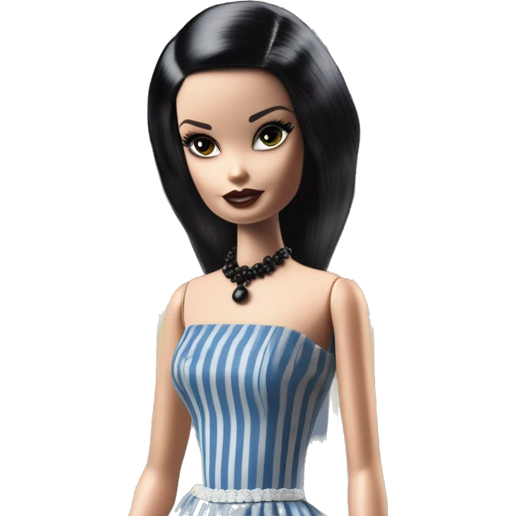 1920s black hair Silkstone Marie Antoinette Barbie Wednesday Addams from academy in a blue and black vertically-striped classic dress. riding hot rod bikes with crows emoji
