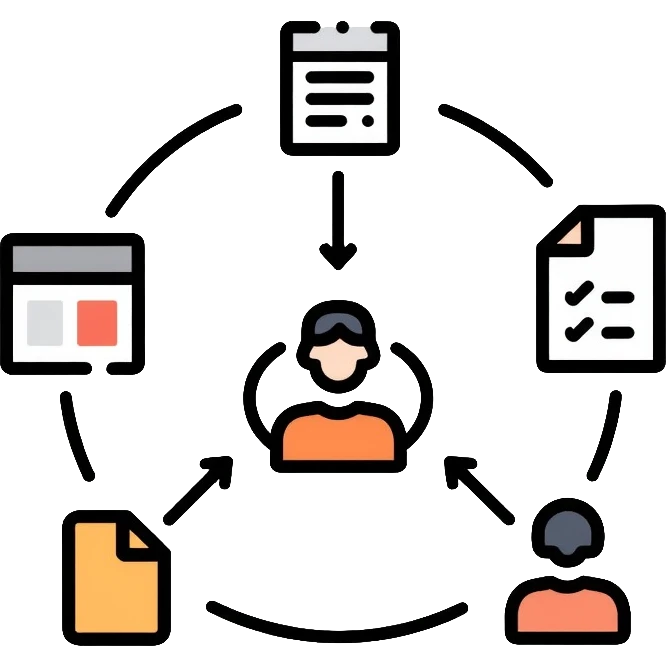 Management system with feedback loops, circular arrows connecting documents and people, business process with data flowing back emoji