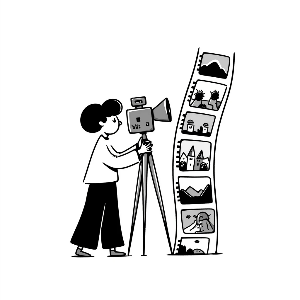 Hand-drawn film strips and an old school film camera with a photographer emoji