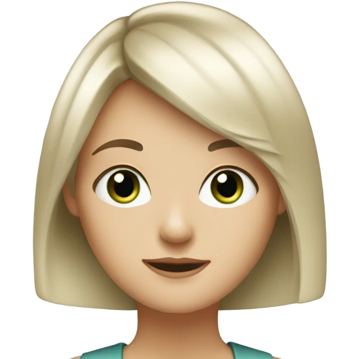 A very white girl has short hair and it’s black. Also she has bangs, she has green eyes emoji