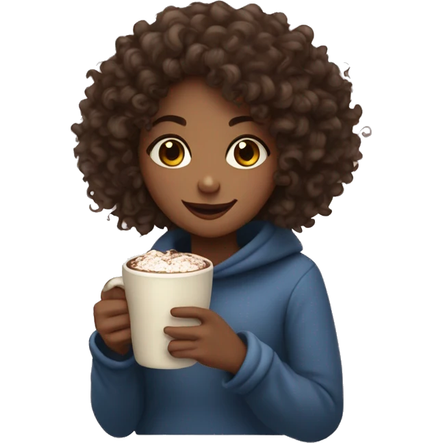 curly haired girl cozy drinking hot chocolate emoji