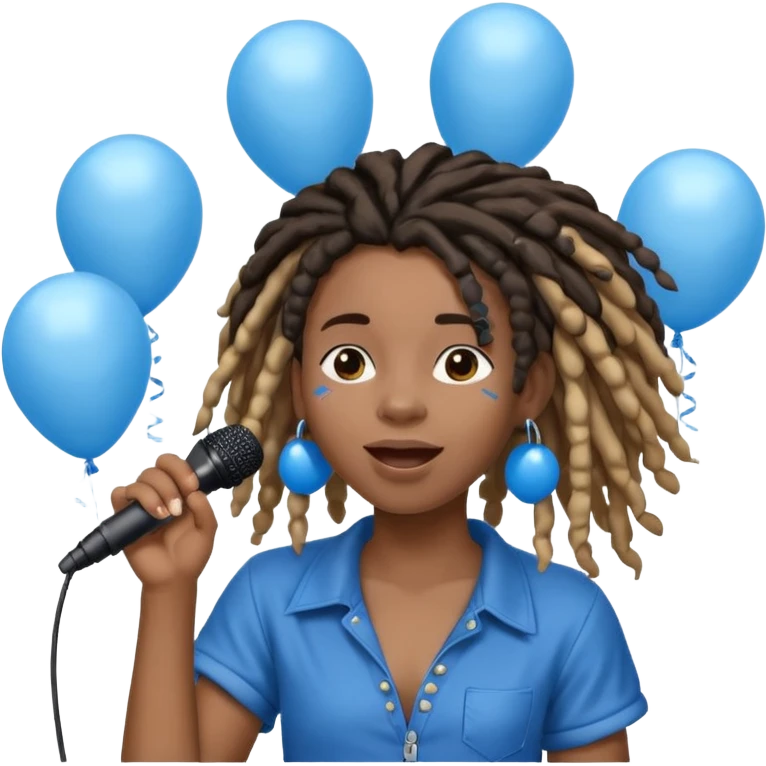 Black girl Stud with dreadlocks singing 1,2,3 release em with white and blue balloons flying overhead emoji like with mic in hand  emoji