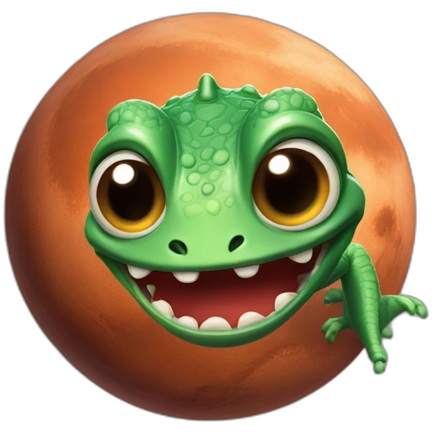 planet Mars with a cartoon grinning lizard face with big eyes emoji