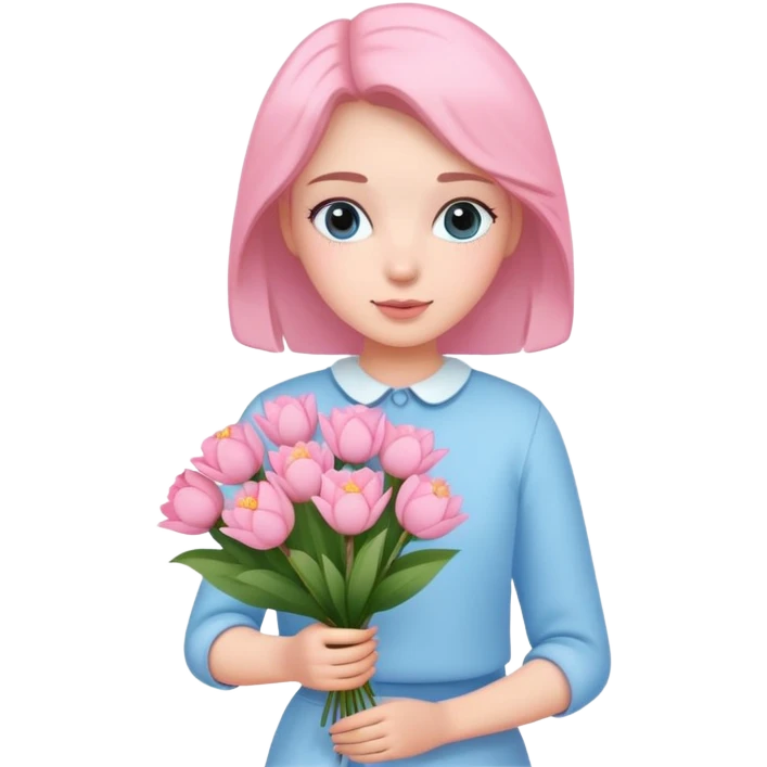 girl wearing pastel blue clothes holding a bouquet of pink flowers emoji