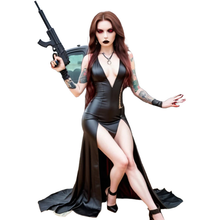 Lilith symbol red eye seductress evil long brown haired sexy succubus woman with leather long dress with slit, sitting in Big Large F350 pickup truck. Black Platform high heels on feet. Tattoo sleeve arms, seat full of stacks of cash, and a man dead human skull of her enemies and a gun in other hand emoji