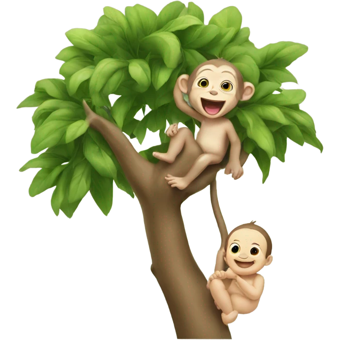 Baby laughing in tree with monkey in hand emoji