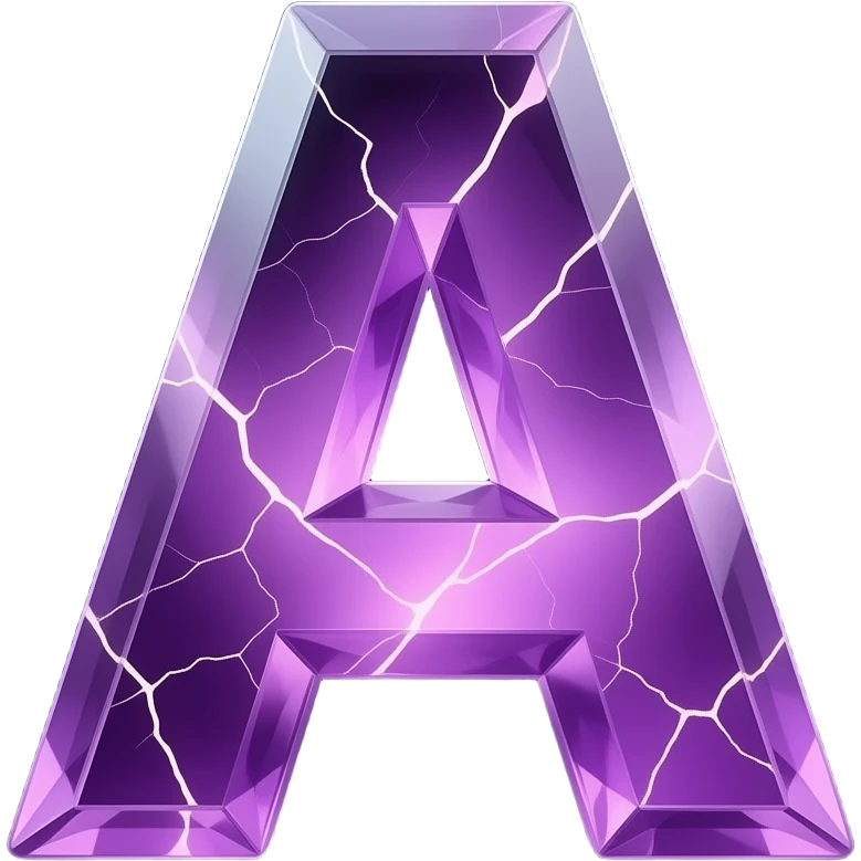 A hyper-realistic 3D letter 'A' carved from translucent purple amethyst, filled with glowing internal fractures. Volumetric lighting, cinematic glow, dark background, 8k resolution, emoji