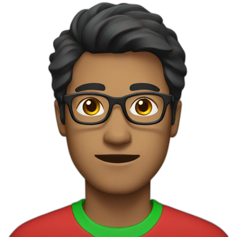 Man with black hair and glasses wearing red shirt with green collar emoji