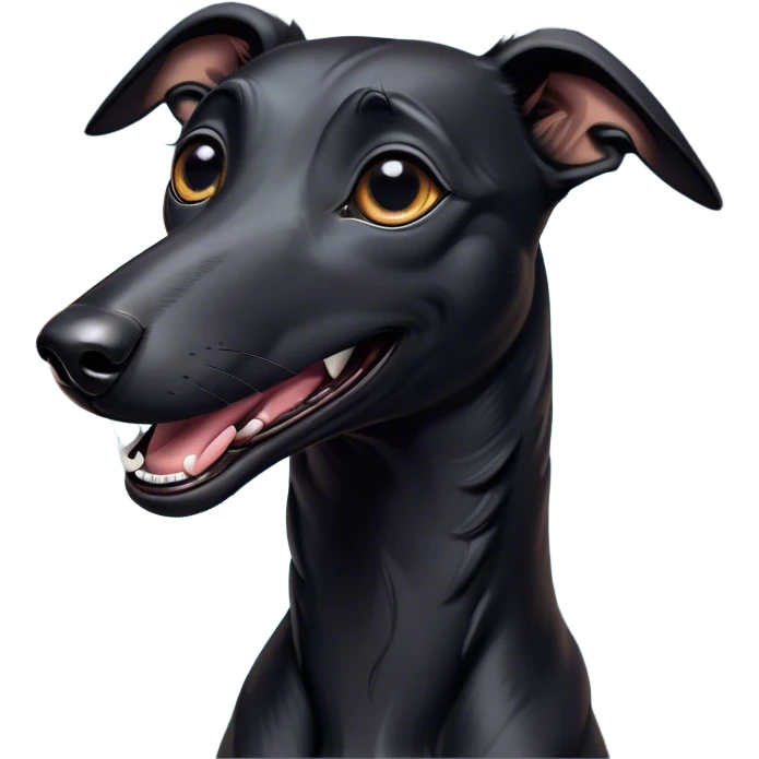 Cinematic Comical Black Greyhound Portrait Emoji, Head tilted dramatically with an exaggeratedly amused expression, featuring a glossy jet-black Fur and wide, expressive dark eyes filled with playful disbelief, Simplified yet hilariously expressive features, highly detailed, glowing with a slightly sassy glow, high shine, dramatic yet playful, stylized with an air of cheeky mischief, bright and endearing, soft glowing outline, capturing the essence of a spirited and over-the-top racer, so meme-worthy it feels like it could side-eye its way into internet fame instantly! emoji