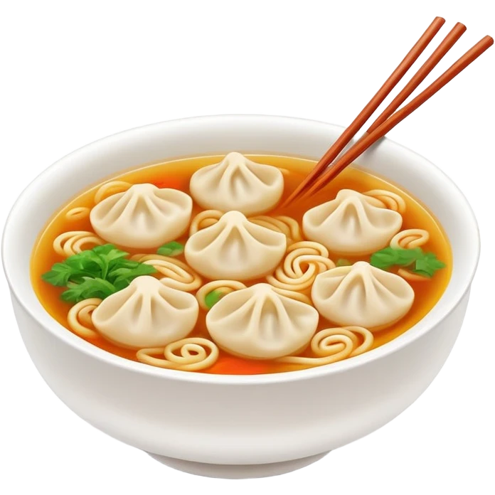 Wenzhou Huntun Wonton Noodle Soup with small dumplings, simplified emoji style with bold outlines and bright colors, cartoon style Zhejiang specialty with clear broth emoji