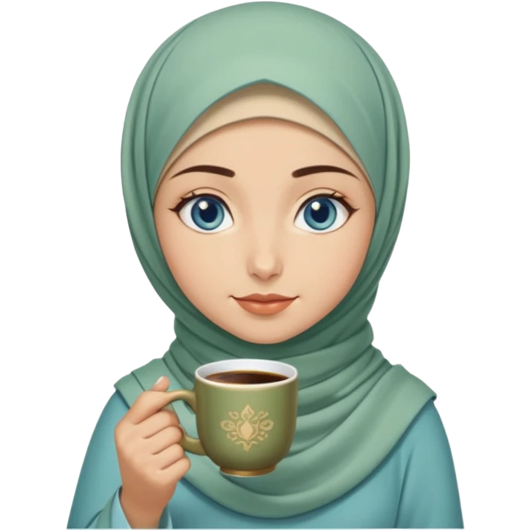 Turkish beautiful finish Konya girl blue eyes with beige and light green hijab islamic dress and had on her hand Turkish coffee emoji