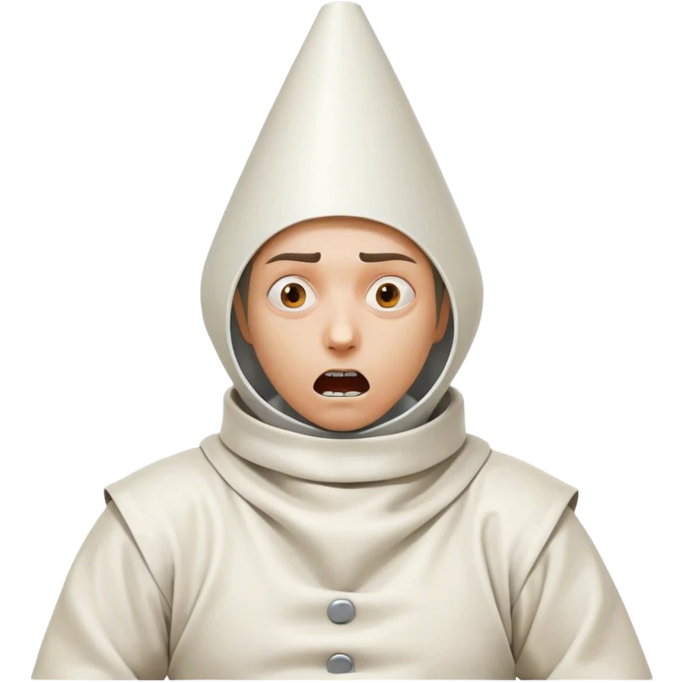 A person wearing a straitjacket and a cone-shaped funnel on their head, with a wild, crazy expression, embodying a chaotic and eccentric appearance emoji