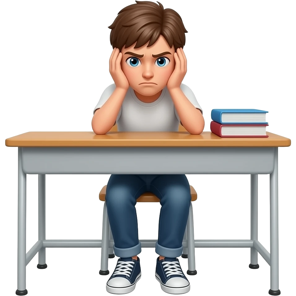 emoji genervter jugendlicher, ganzer körper am Tisch, weißer Hintergrund,  kopf in den Händen, körper gebeugt emoji