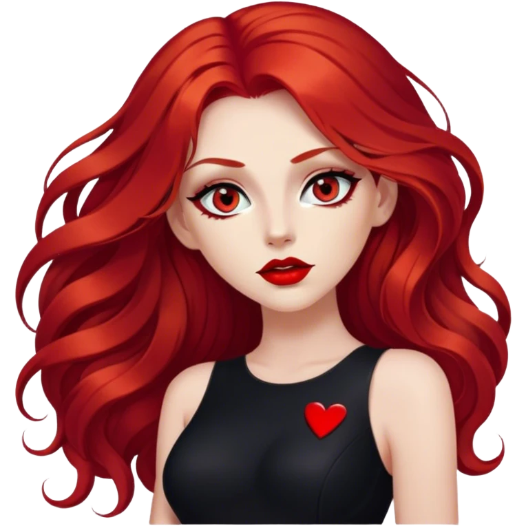 a sexy woman with long red hair and red eyes. The woman wear a black little cutted dress. She have red lipstick and she have a seductive look.  emoji