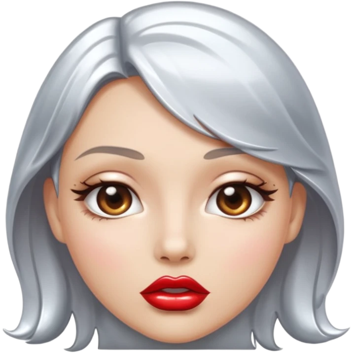 slightly parted lips, silver chrome material, glossy wet shine, seductive aesthetic emoji
