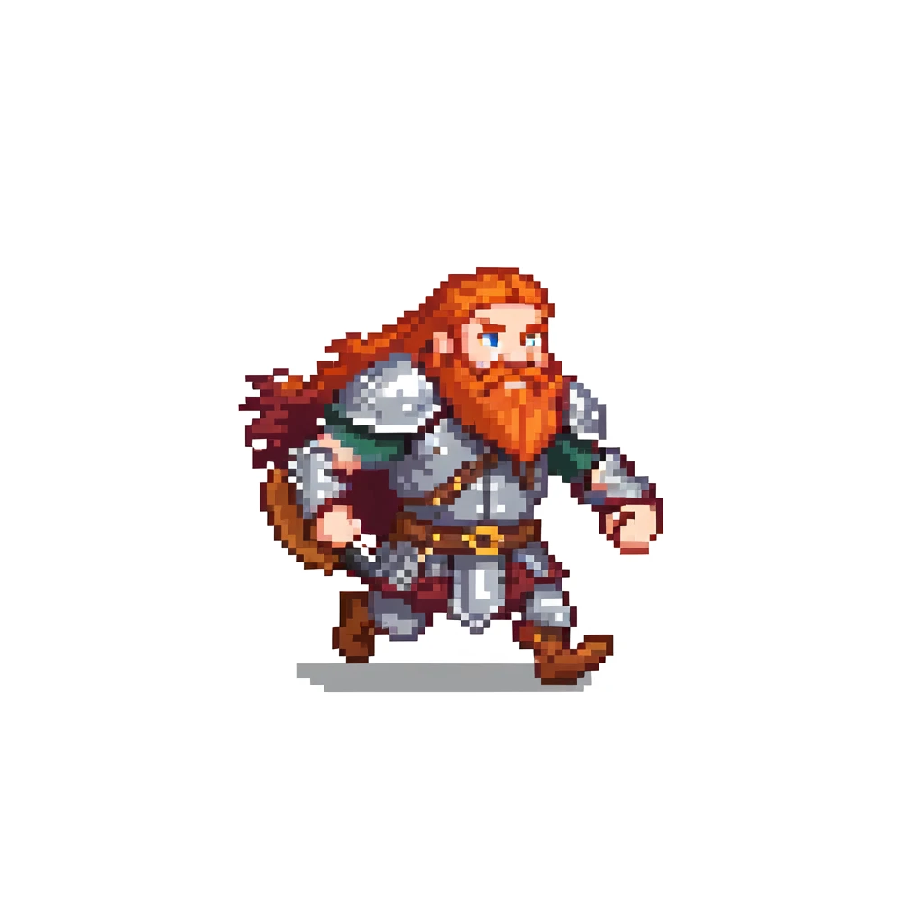 pixel art ginger viking with red beard and armor, running animation frame 2, mid-stride emoji