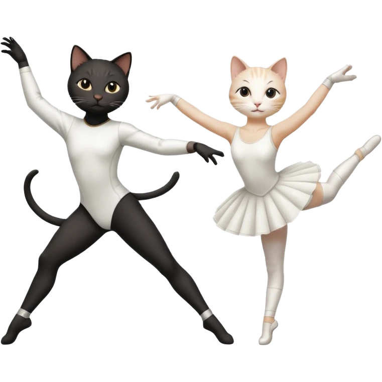A white female cat doing ballet and a black male cat doing fencing emoji