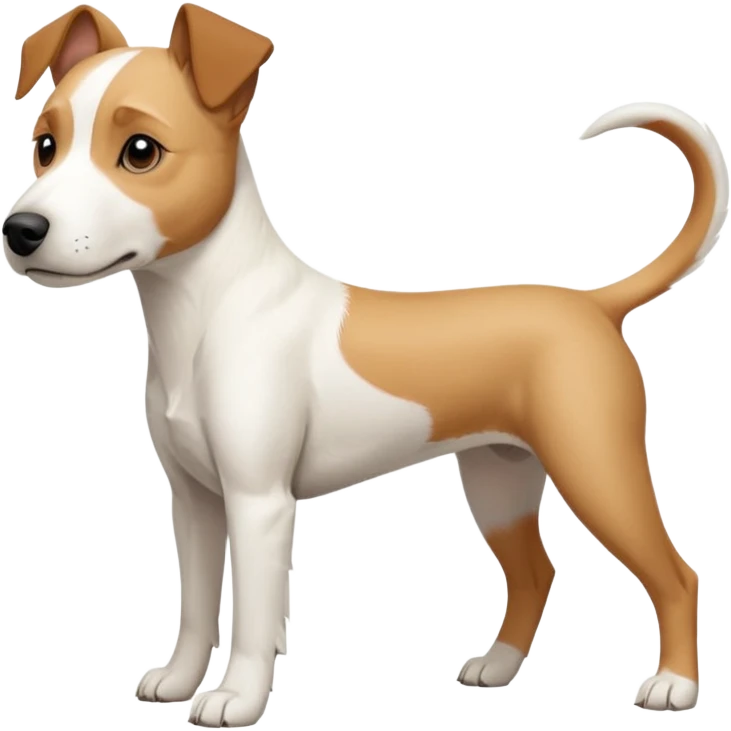 a full body facing front on of a buff white parson russell terrier looking dog the size of a kelpie with light brown long ears resting on its face and a light brown patch on one eye and a large snout. the rest of the dog is completely white.  emoji