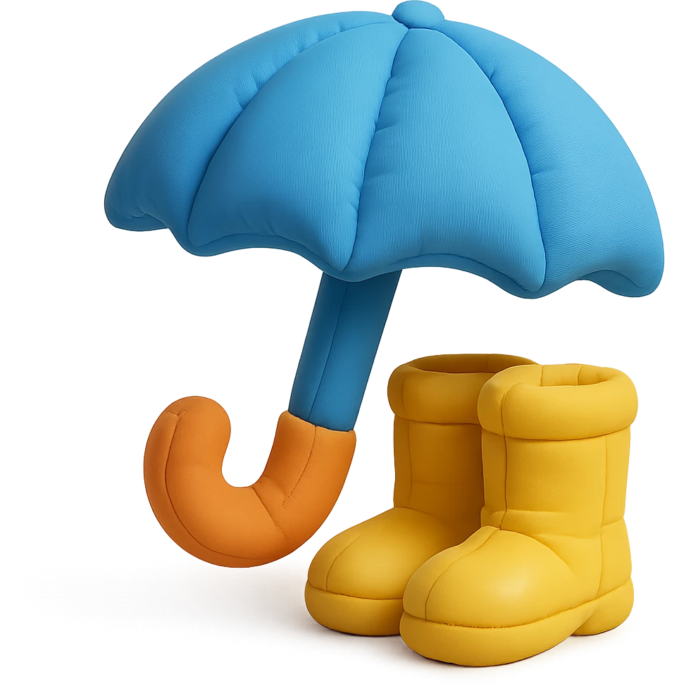 umbrella and rain boots, soft plush look, bright colors, cushion style emoji