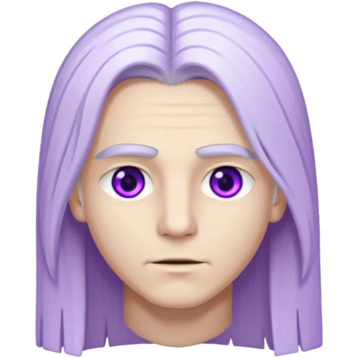 Beyaz uzun ve düz saçları olan,mor göz rengi olan, bembeyaz tenli bir erkek,genç emoji