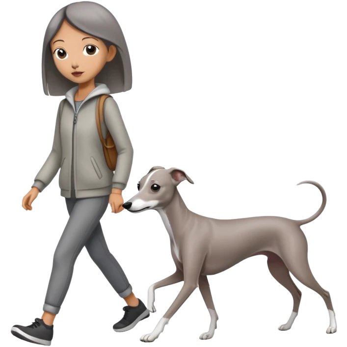 Asian girl walking an all grey Italian greyhound with no white nose, completely grey dog emoji