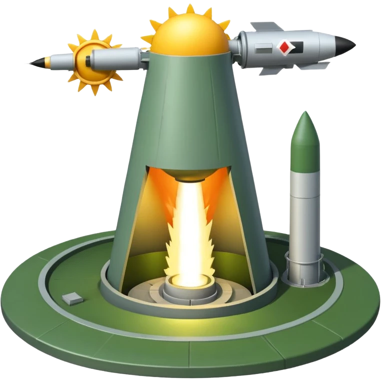 green landscape with sun in top of the background, there is a greynmissile silo hatch open, and the top two thirds of a white nuclear missile launching out of the silo is shown emoji
