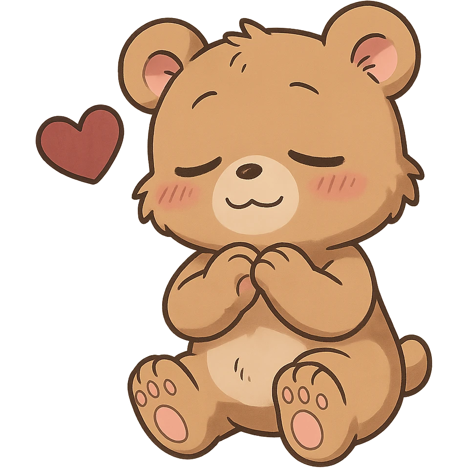 anime style cute bear showing love, with a sweet and sleepy expression emoji