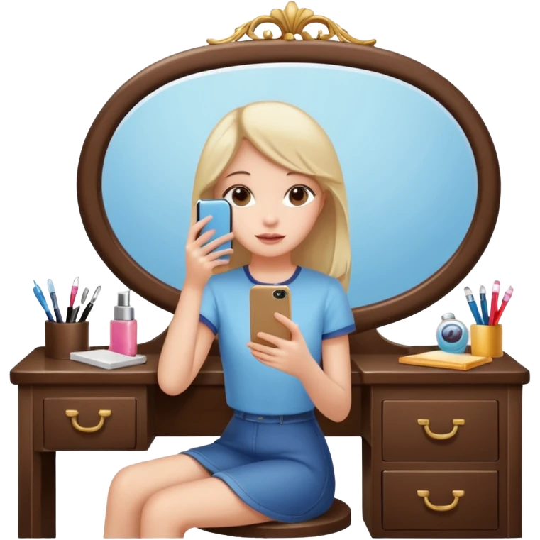 Girl sitting at vanity taking out picture with iphone 15 plus in the mirror and study materials on the vanity emoji