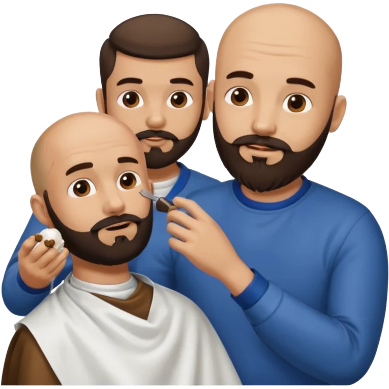 A bald man with a dark brown beard cutting someone’s hair at a barber shop and the other guy is eating a small poop ball in his hand emoji