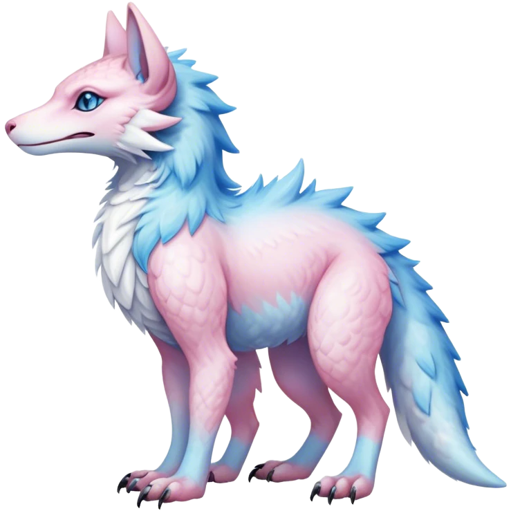 Feral Rare Fantasy cute realistic adorable pastel pink light-blue white iridescent Vernid-Sergal-hybrid by LiLaiRa, markings, tufted ears, full body emoji
