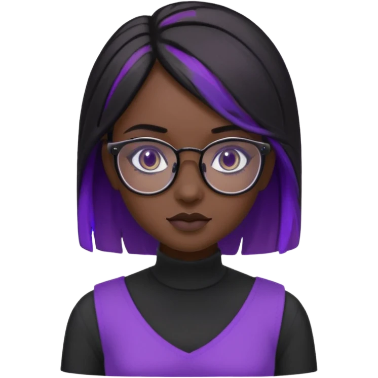 chica bonita con ligero cabello negro con rayas moradas que llega hasta los hombros con lentes cuadrados de estatura pequeña con ropa negra con otro estilo de cabello emoji