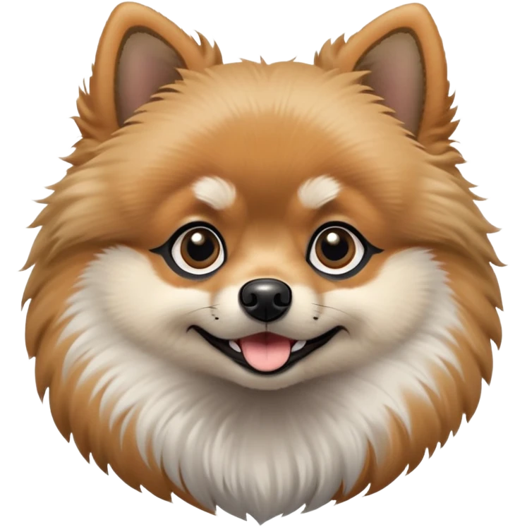 fluffy black and tan Pomeranian dog face, large round dark eyes, small black button nose, soft tan muzzle with subtle smile, two tan eyebrow spots, curious and alert expression, thick fluffy ruff of fur blending black, tan, and light gray, upright triangular ears with gray tips, friendly and cute emoji