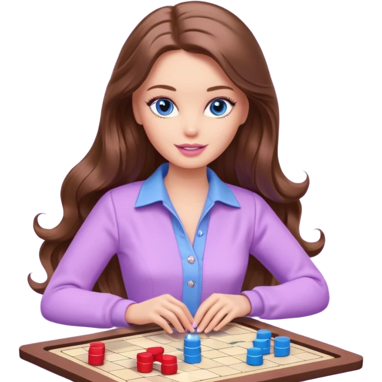 beautiful barbie girl with long brown hair, blue eyes and wearing light purple clothes playing board games emoji
