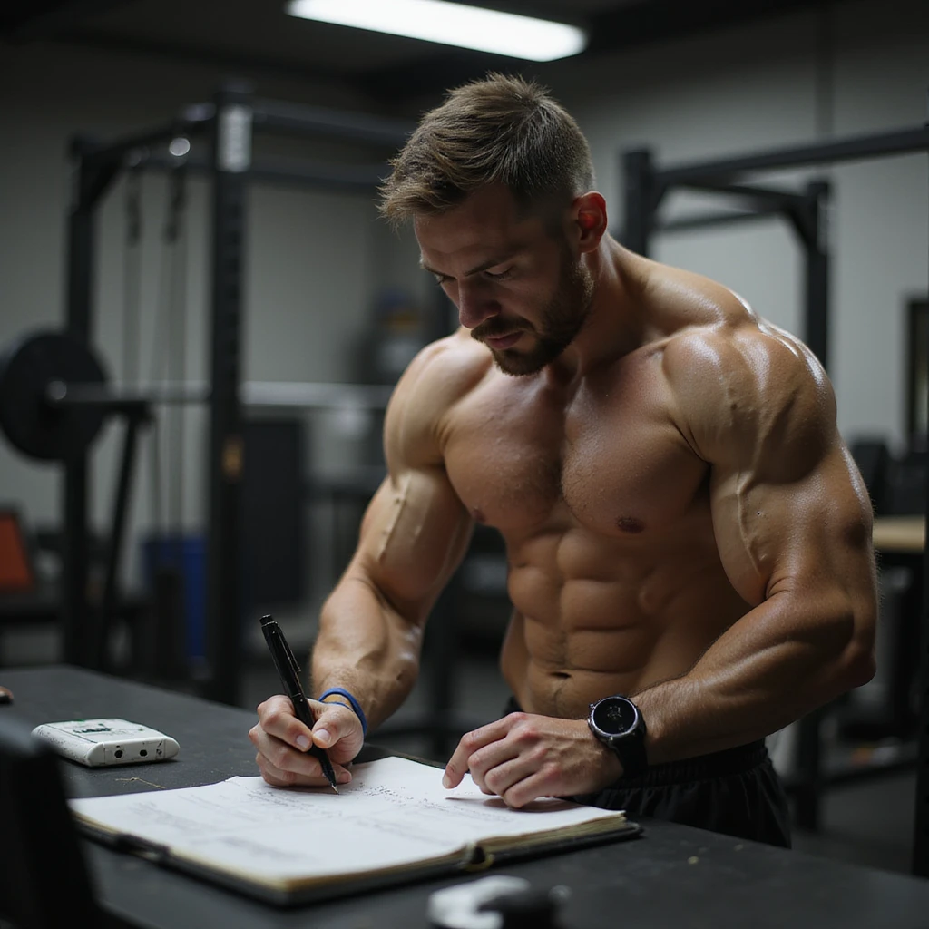 Coach di bodybuilding in ufficio mentre prepara un protocollo semplice di sostanze chimiche per un atleta, con fogli, fiale e siringhe sulla scrivania, atmosfera realistica, dettagli iperrealistici 4K. emoji