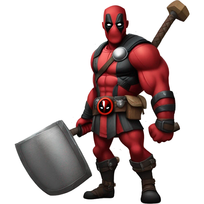 Deadpool holding Viking shield and thors hammer emoji